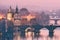 Top view bridges on the Vltava River in Prague, Czechia