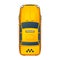 Top view of bright yellow realistic taxi car on white