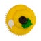 Top view of a brightly frosted yellow cupcake on a white background