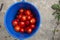 Top view of a bucket of ripe tomatoes