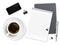 Top view business coffee break with notepad, phone and cup of coffee. Workspace vector background