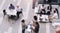 Top view, businesspeople talking and meeting at a conference at their office space. Diversity at work, communication or