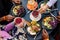 Top view cafe table with bowls of salad