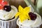 Top view cake with cream and flowers decoration close-up