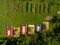 Top view of camp of tourists with tents on the river bank