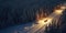 Top View of Car on The Road Between Snow Forest landscape Background