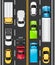 Top view of cars and trucks on the road. Cars are driving on the highway. Traffic on the road. Vector