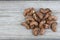 Top view cashew nuts on wood desk