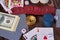 Top view casino poker gambling accessories on wood.