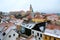 Top view of castle and historical center of small medieval town of Cesky Krumlov, winter landscape, Czech Republic