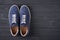 Top view of casual blue suede trainers on grey wooden planks