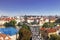 Top view of center of Prague with its red roofs and tower of the Charles bridge, Prague,