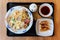 Top view of Champon Ramen a noodle dish that is a regional cuisine of Nagasaki, Japan served with yaki gyoza