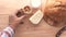 top view of cheese, milk , brown bread and almond nut on table.