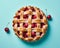 top view of cherry pie with lattice on blue background