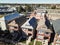 Top view Chicago classic townhomes with front yard and parked ca