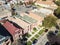 Top view Chicago classic townhomes with front yard and parked ca