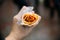 Top view of Chicken Kati Roll. It is a skewer-roasted kebab wrapped in a paratha bread. Street food in Kolkata, India