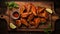 Top View Of Chicken Wings On Wooden Tray With Sauce