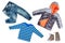 Top view on child boy set of clothes. Collage of apparel clothing. Jeans , shirt, shoes and warm down jacket isolated on a white