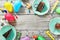 Top view children birthday table Frame chocolate cake decoration