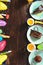 Top view children birthday table Frame chocolate cake decoration