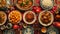 Top view of Chinese New Year dishes on red tablecloth. Chinese New Year dinner concept