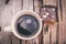 Top view. Chocolate brownie and hot coffee on wooden background.