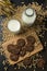 Top view of the chocolate chip cookies on the wooden tray