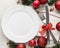 Top view christmas tableware with empty plate. High quality and resolution beautiful photo concept