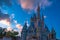 Top view of Cinderella Castle on sunset background in Magic Kingdom at Walt Disney World  .