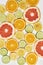 Top view of citrus fruits, Orange, tangerine, lemon, lime and grapefruit slices or circles isolated over white