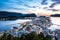 Top view of the city of Alesund at sunset.