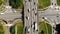 Top view of a city intersection with buses, cars, trucks. Traffic at daytime, roadcross in the megapolis.