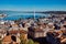 Top view of the city, lake and the highest fountain in Geneva