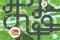 Top View City Map with Cars on Road, River and Trees. House Icon with Destination Pin Vector Illustration.