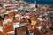 Top view of the city, narrow streets and roofs of houses with red tiles Lisbon