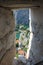 Top view of the city of Omis Croatia from the narrow window of the fortress