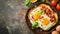 Top view a classic breakfast meal featuring fried eggs and crispy bacon on a golden toast, on a dark background with space for