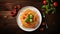 Top view classic Italian tomato spaghettis dish on the wooden table. AI Generated