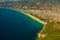 Top view of Cleopatra beach. Beautiful sea of blue and turquoise. Alanya, Antalya district, Turkey, Asia