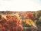 Top view close-up colorful autumn trees in the park with curved pathway near Dallas