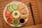 Top view, close-up of Hainanese chicken rice. chopsticks on the table. Chinese style