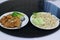 Top view Close-up image Thai food Fritter duck and crab fried rice with cucumber, lime, vegetables Delicious healthy food in a cle