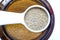 A top view close up of a measurement baking spoons with yeast container on the background