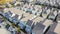 Top view close-up roof shingles of new development townhouse near historic Old Town Coppell, Texas, USA