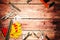 Top view close up of variety handy tools on wood background with copy space for your text for Worker`s day, labour`s day backgroun