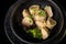 Top view closeup boiled russian pelmeni with meat in bowl