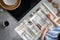 Top view closeup housewife hands tidying up cutlery in drawer general cleaning at kitchen