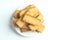 Top view closeup of piled rectangular pieces of bread on a plate